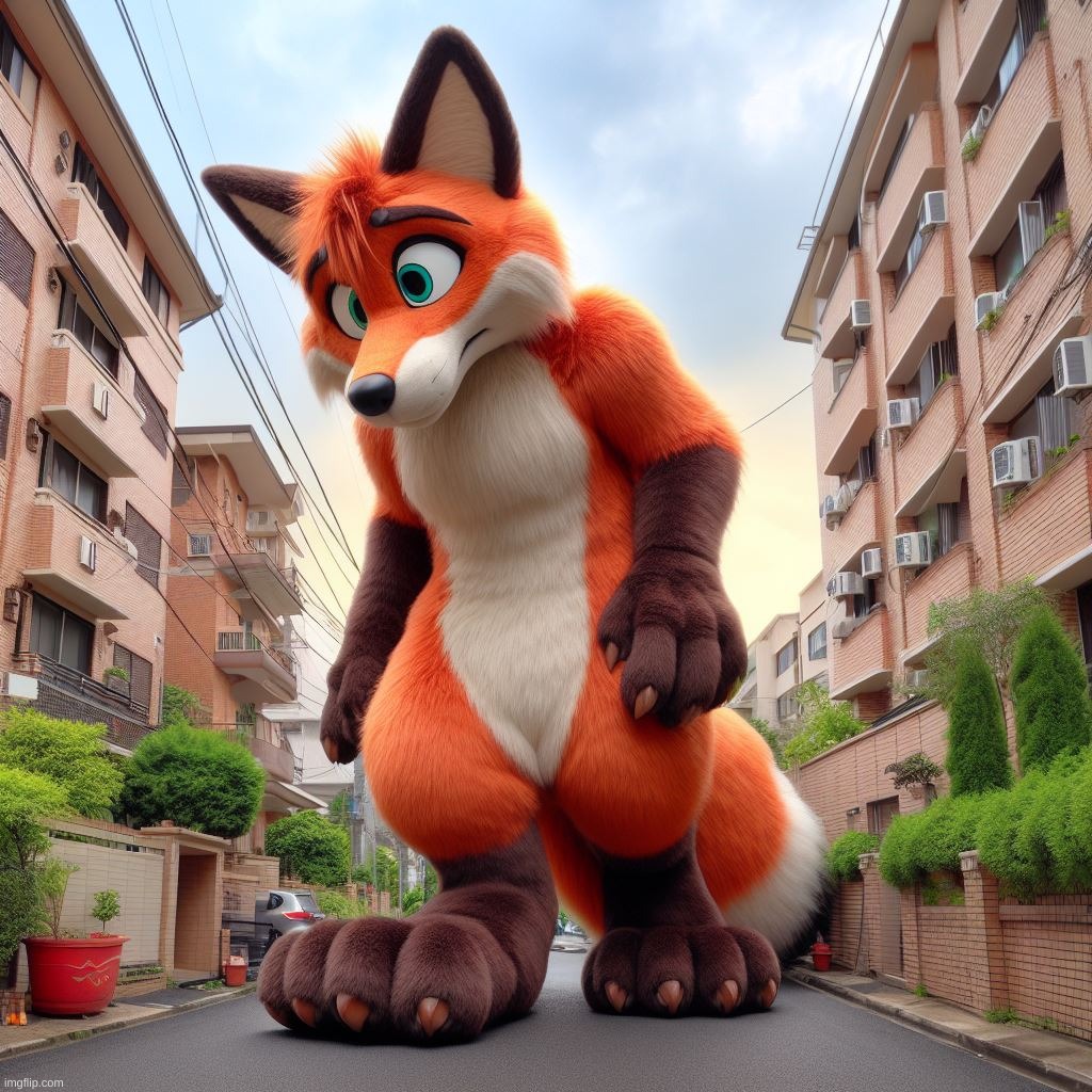 AI: An anthropomorphic Fox the size of a 5 story building trying to walk through a neighborhood | image tagged in ai,fox | made w/ Imgflip meme maker