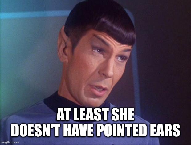 Spock | AT LEAST SHE DOESN'T HAVE POINTED EARS | image tagged in spock | made w/ Imgflip meme maker