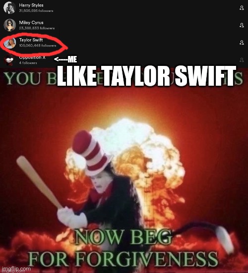 One of my Spotify followers (Profile in comments) | LIKE TAYLOR SWIFT; <----ME | image tagged in beg for forgiveness,taylor swift is trash,spotify,followers | made w/ Imgflip meme maker