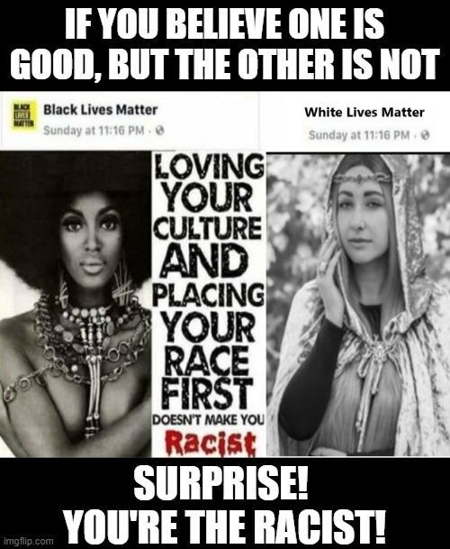 IF YOU BELIEVE ONE IS GOOD, BUT THE OTHER IS NOT; SURPRISE! 
YOU'RE THE RACIST! | image tagged in blm,race,discrimination,double standards,racism | made w/ Imgflip meme maker