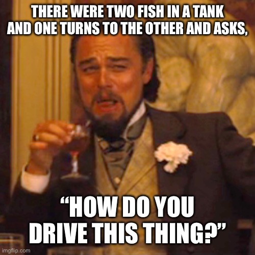 So overused but so good | THERE WERE TWO FISH IN A TANK AND ONE TURNS TO THE OTHER AND ASKS, “HOW DO YOU DRIVE THIS THING?” | image tagged in memes,laughing leo | made w/ Imgflip meme maker