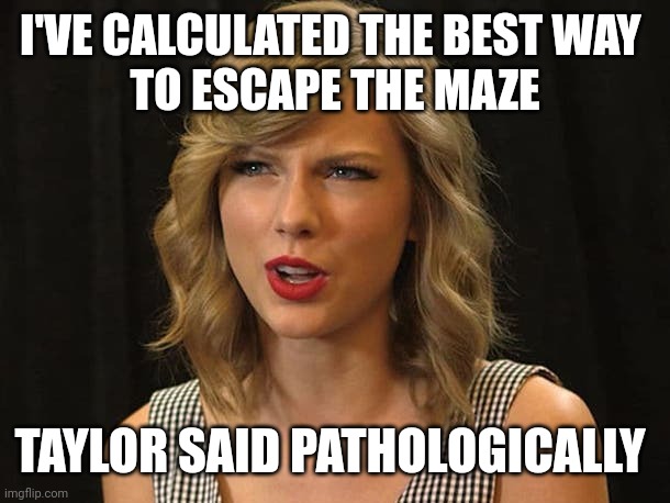 Taylor said pathologically | I'VE CALCULATED THE BEST WAY 
TO ESCAPE THE MAZE; TAYLOR SAID PATHOLOGICALLY | image tagged in taylor swiftie | made w/ Imgflip meme maker