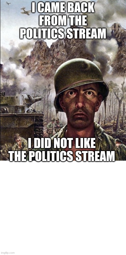 I CAME BACK FROM THE POLITICS STREAM; I DID NOT LIKE THE POLITICS STREAM | image tagged in shellshocked,blank white template | made w/ Imgflip meme maker