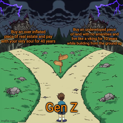 Two paths | Buy an over inflated piece of real estate and pay with your very soul for 40 years; Buy an undeveloped piece of land with no amenities and live like a viking for 10 years while building from the ground up; Gen Z | image tagged in two paths,funny memes | made w/ Imgflip meme maker
