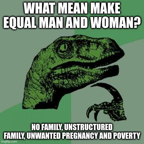 poverty | WHAT MEAN MAKE EQUAL MAN AND WOMAN? NO FAMILY, UNSTRUCTURED FAMILY, UNWANTED PREGNANCY AND POVERTY | image tagged in memes,philosoraptor | made w/ Imgflip meme maker