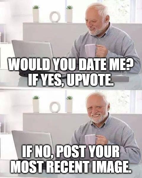 Yes or no? | WOULD YOU DATE ME?
IF YES, UPVOTE. IF NO, POST YOUR MOST RECENT IMAGE. | image tagged in memes,hide the pain harold | made w/ Imgflip meme maker
