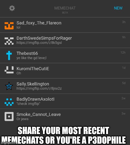 SHARE YOUR MOST RECENT MEMECHATS OR YOU'RE A P3DOPHILE | made w/ Imgflip meme maker
