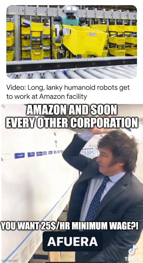 AMAZON AND SOON EVERY OTHER CORPORATION; YOU WANT 25$/HR MINIMUM WAGE?! | image tagged in milei meme afuera | made w/ Imgflip meme maker