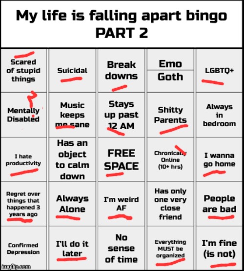 No bingo. That means I am a fine and mentally stable individual | image tagged in my life is falling apart bingo part 2 | made w/ Imgflip meme maker