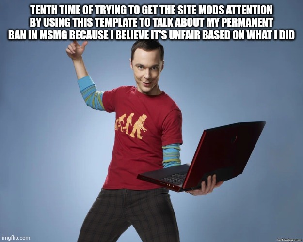 Big 10 | TENTH TIME OF TRYING TO GET THE SITE MODS ATTENTION BY USING THIS TEMPLATE TO TALK ABOUT MY PERMANENT BAN IN MSMG BECAUSE I BELIEVE IT'S UNFAIR BASED ON WHAT I DID | image tagged in sheldon cooper laptop | made w/ Imgflip meme maker