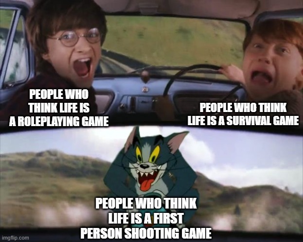 Life | PEOPLE WHO THINK LIFE IS A SURVIVAL GAME; PEOPLE WHO THINK LIFE IS A ROLEPLAYING GAME; PEOPLE WHO THINK LIFE IS A FIRST PERSON SHOOTING GAME | image tagged in tom chasing harry and ron weasly | made w/ Imgflip meme maker