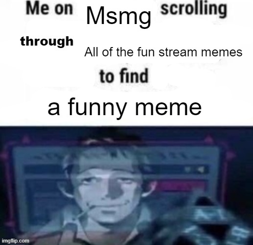 me on x scrolling through y to find z | Msmg; All of the fun stream memes; a funny meme | image tagged in me on x scrolling through y to find z | made w/ Imgflip meme maker