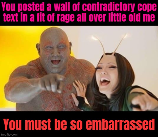 You posted a wall of contradictory cope text in a fit of rage all over little old me You must be so embarrassed | made w/ Imgflip meme maker