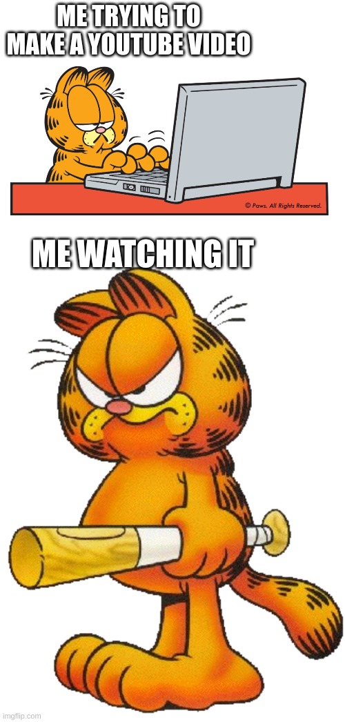 Garfield my computer!!!! | ME TRYING TO MAKE A YOUTUBE VIDEO; ME WATCHING IT | image tagged in garfield with a baseball bat | made w/ Imgflip meme maker