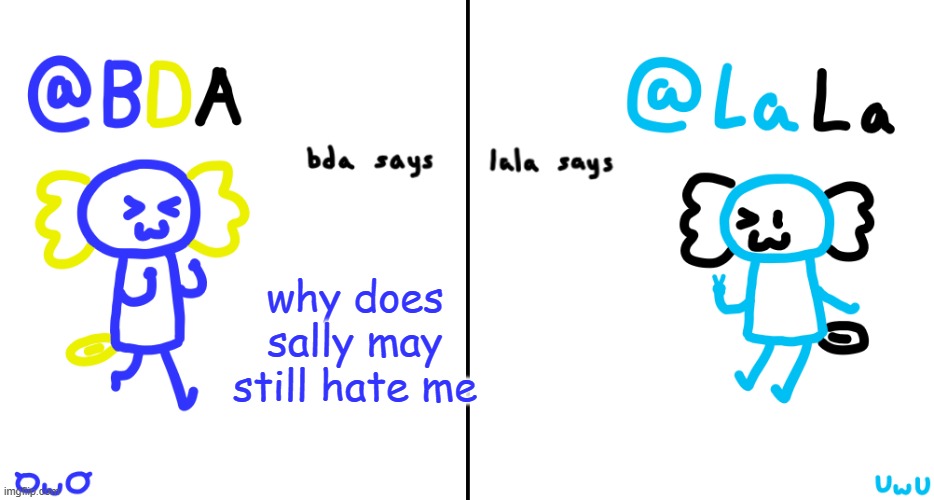 only two questions i wanted to ask then i go do other things | why does sally may still hate me | image tagged in bda and lala announcment temp | made w/ Imgflip meme maker
