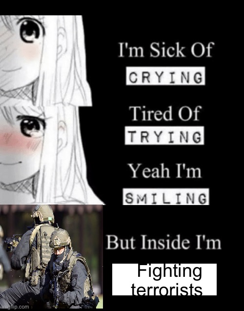 I'm Sick Of Crying | Fighting terrorists | image tagged in i'm sick of crying | made w/ Imgflip meme maker
