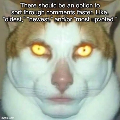 Also edit comments still up for discussion? | There should be an option to sort through comments faster. Like, “oldest,” “newest,” and/or “most upvoted.” | image tagged in sigma cat | made w/ Imgflip meme maker
