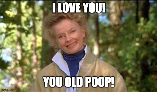 old poop | I LOVE YOU! YOU OLD POOP! | image tagged in on golden pond,katherine hepburn | made w/ Imgflip meme maker