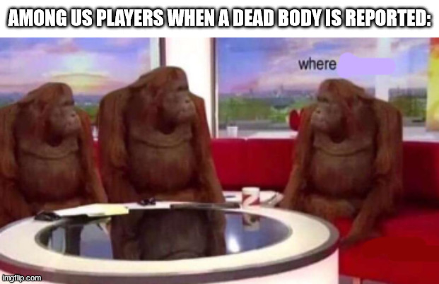 among us | AMONG US PLAYERS WHEN A DEAD BODY IS REPORTED: | image tagged in where banana blank,among us,dead body reported,where,among us memes | made w/ Imgflip meme maker
