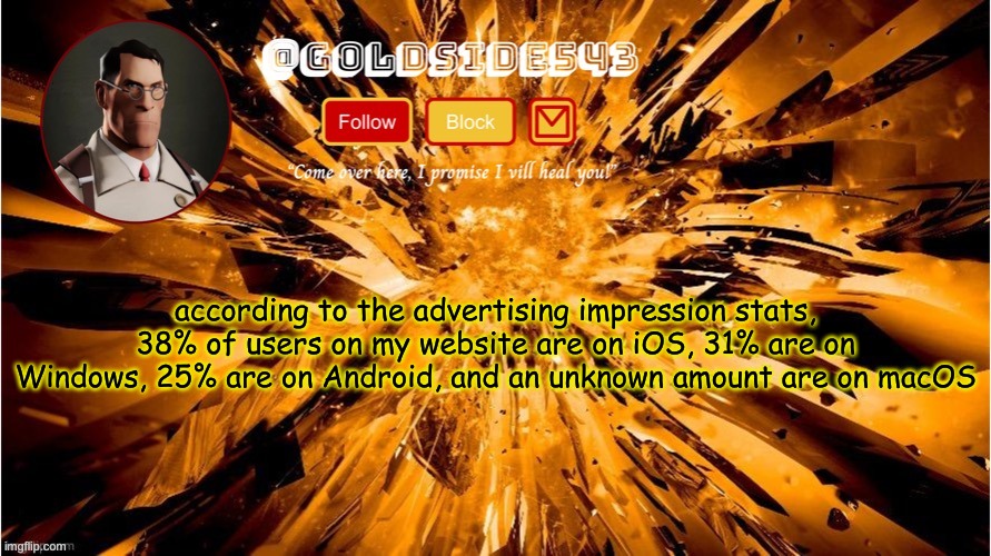 do none of you guys use Linux? | according to the advertising impression stats, 38% of users on my website are on iOS, 31% are on Windows, 25% are on Android, and an unknown amount are on macOS | image tagged in gold's announcement template | made w/ Imgflip meme maker