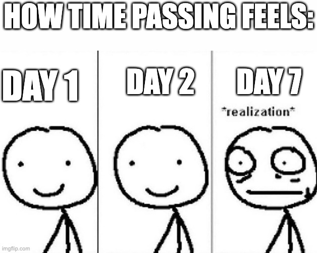 Time is a Villain | HOW TIME PASSING FEELS:; DAY 1; DAY 2; DAY 7 | image tagged in realization,time,stick,stick figure,stickman,old | made w/ Imgflip meme maker