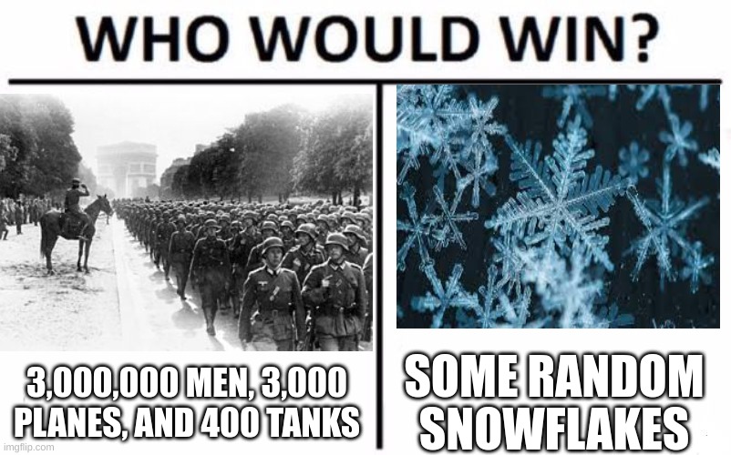 The true story of Stalingrad... | 3,000,000 MEN, 3,000 PLANES, AND 400 TANKS; SOME RANDOM SNOWFLAKES | image tagged in memes,who would win,why are you reading this,funny,war | made w/ Imgflip meme maker
