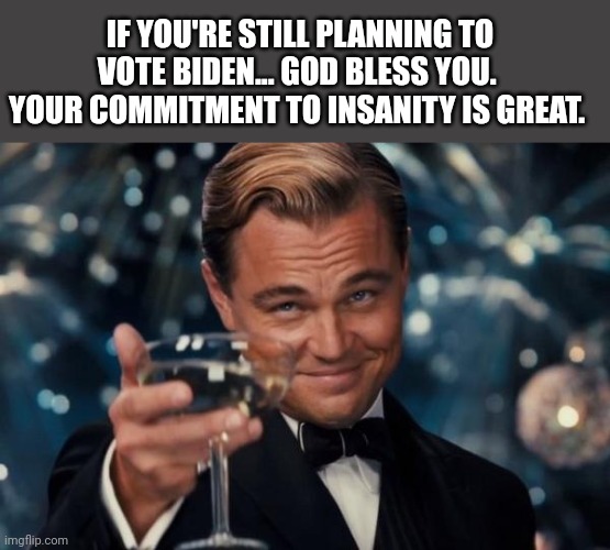 Leonardo Dicaprio Cheers | IF YOU'RE STILL PLANNING TO VOTE BIDEN... GOD BLESS YOU.  YOUR COMMITMENT TO INSANITY IS GREAT. | image tagged in memes,leonardo dicaprio cheers | made w/ Imgflip meme maker