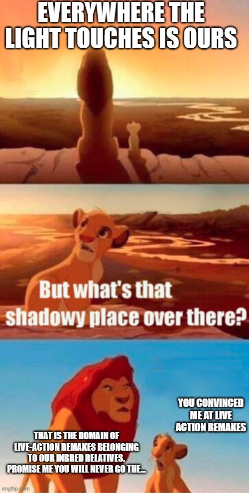 It's not worth it Simba. | EVERYWHERE THE LIGHT TOUCHES IS OURS; YOU CONVINCED ME AT LIVE ACTION REMAKES; THAT IS THE DOMAIN OF LIVE-ACTION REMAKES BELONGING TO OUR INBRED RELATIVES. PROMISE ME YOU WILL NEVER GO THE... | image tagged in memes,simba shadowy place | made w/ Imgflip meme maker