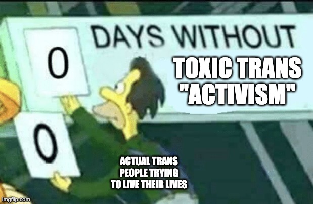 0 days without (Lenny, Simpsons) | TOXIC TRANS "ACTIVISM"; ACTUAL TRANS PEOPLE TRYING TO LIVE THEIR LIVES | image tagged in 0 days without lenny simpsons,toxic trans activism,activism,sjw,assimiliationist,trans | made w/ Imgflip meme maker