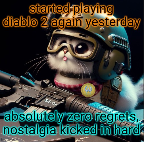 started playing diablo 2 again yesterday; absolutely zero regrets, nostalgia kicked in hard | image tagged in ai generated silly critter but better | made w/ Imgflip meme maker