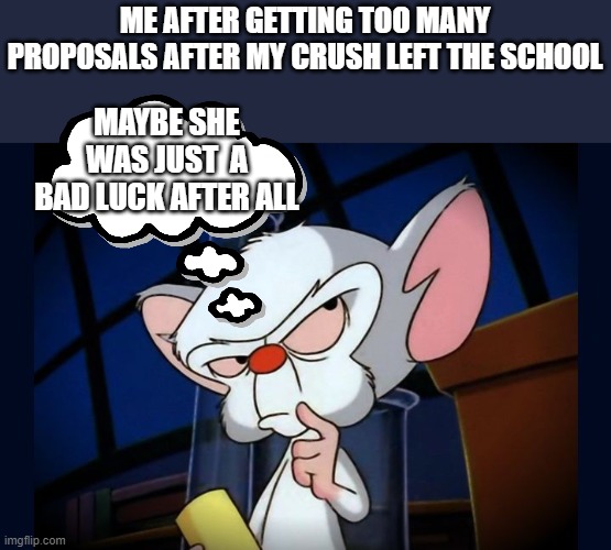 probably a bad luck! | MAYBE SHE WAS JUST  A BAD LUCK AFTER ALL; ME AFTER GETTING TOO MANY PROPOSALS AFTER MY CRUSH LEFT THE SCHOOL | made w/ Imgflip meme maker