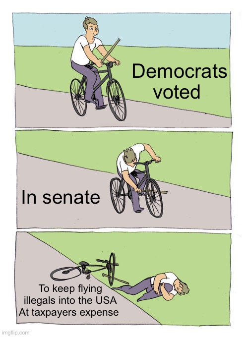 Democrats fail again | Democrats voted; In senate; To keep flying illegals into the USA
At taxpayers expense | image tagged in memes,bike fall,funny memes,funny | made w/ Imgflip meme maker