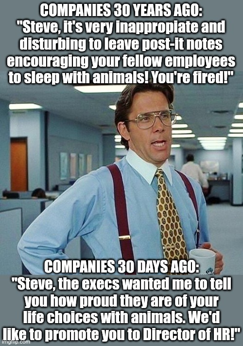 Corporations, get this through your thick skulls. People's bedroom fetishes & fantasies are NOT A JOB SKILL! | COMPANIES 30 YEARS AGO: "Steve, it's very inappropiate and disturbing to leave post-it notes encouraging your fellow employees to sleep with animals! You're fired!"; COMPANIES 30 DAYS AGO: "Steve, the execs wanted me to tell you how proud they are of your life choices with animals. We'd like to promote you to Director of HR!" | image tagged in corporations,liberal logic,stupid people,wow you failed this job,woke,enough is enough | made w/ Imgflip meme maker