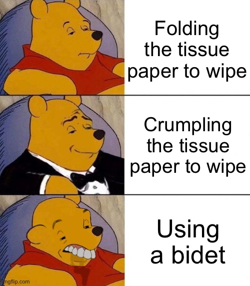 Europeans are clearly the weirdest here | Folding the tissue paper to wipe; Crumpling the tissue paper to wipe; Using a bidet | image tagged in best better blurst,european,bidet | made w/ Imgflip meme maker