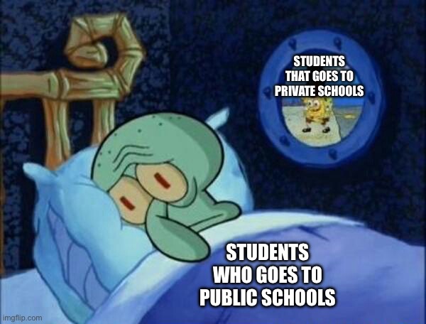 Cowboy SpongeBob  | STUDENTS WHO GOES TO PUBLIC SCHOOLS STUDENTS THAT GOES TO PRIVATE SCHOOLS | image tagged in cowboy spongebob | made w/ Imgflip meme maker