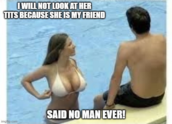 You Look | I WILL NOT LOOK AT HER TITS BECAUSE SHE IS MY FRIEND; SAID NO MAN EVER! | image tagged in sex jokes | made w/ Imgflip meme maker