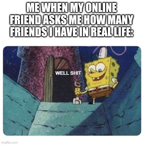 Friends? Irl? Oh yeah... Sure I have them... | ME WHEN MY ONLINE FRIEND ASKS ME HOW MANY FRIENDS I HAVE IN REAL LIFE: | image tagged in well shit spongebob edition,friends,no friends,online | made w/ Imgflip meme maker