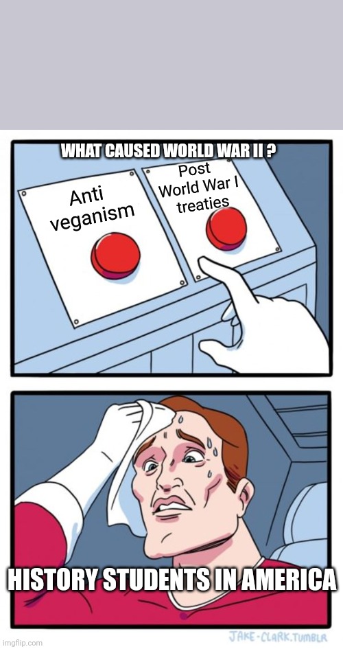 Two Buttons Meme | Anti 
veganism Post 
World War I
 treaties WHAT CAUSED WORLD WAR II ? HISTORY STUDENTS IN AMERICA | image tagged in memes,two buttons | made w/ Imgflip meme maker