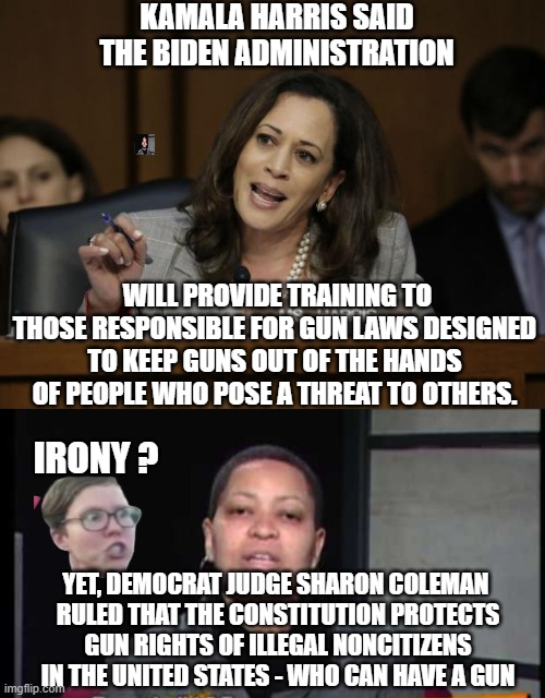 Leftist Looney Logic and Lying | KAMALA HARRIS SAID THE BIDEN ADMINISTRATION; WILL PROVIDE TRAINING TO THOSE RESPONSIBLE FOR GUN LAWS DESIGNED TO KEEP GUNS OUT OF THE HANDS OF PEOPLE WHO POSE A THREAT TO OTHERS. IRONY ? YET, DEMOCRAT JUDGE SHARON COLEMAN 
RULED THAT THE CONSTITUTION PROTECTS GUN RIGHTS OF ILLEGAL NONCITIZENS IN THE UNITED STATES - WHO CAN HAVE A GUN | image tagged in kamala harris,liberals,democrats,illegal immigration | made w/ Imgflip meme maker