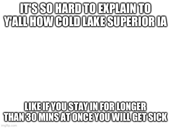 IT'S SO HARD TO EXPLAIN TO Y'ALL HOW COLD LAKE SUPERIOR IA; LIKE IF YOU STAY IN FOR LONGER THAN 30 MINS AT ONCE YOU WILL GET SICK | made w/ Imgflip meme maker