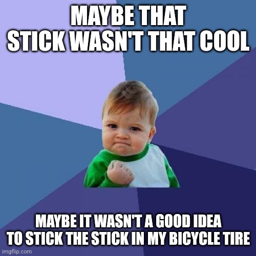Success Kid | MAYBE THAT STICK WASN'T THAT COOL; MAYBE IT WASN'T A GOOD IDEA TO STICK THE STICK IN MY BICYCLE TIRE | image tagged in memes,success kid | made w/ Imgflip meme maker