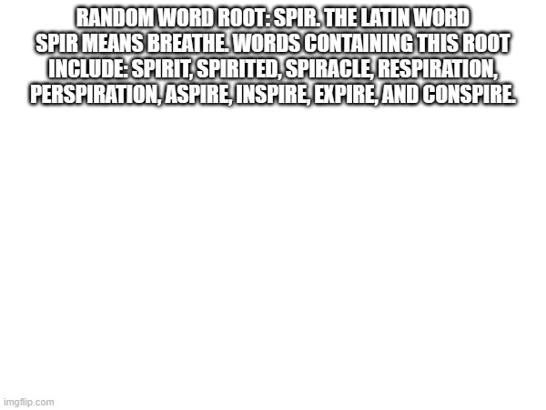 RANDOM WORD ROOT: SPIR. THE LATIN WORD SPIR MEANS BREATHE. WORDS CONTAINING THIS ROOT INCLUDE: SPIRIT, SPIRITED, SPIRACLE, RESPIRATION, PERSPIRATION, ASPIRE, INSPIRE, EXPIRE, AND CONSPIRE. | made w/ Imgflip meme maker