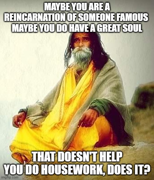mountain guru | MAYBE YOU ARE A REINCARNATION OF SOMEONE FAMOUS  MAYBE YOU DO HAVE A GREAT SOUL; THAT DOESN'T HELP YOU DO HOUSEWORK, DOES IT? | image tagged in mountain guru,housework | made w/ Imgflip meme maker