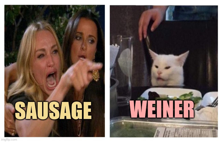 Smudge Revise | WEINER; SAUSAGE | image tagged in smudge revise,smudge the cat,debate,sausage,weiner,smudge | made w/ Imgflip meme maker
