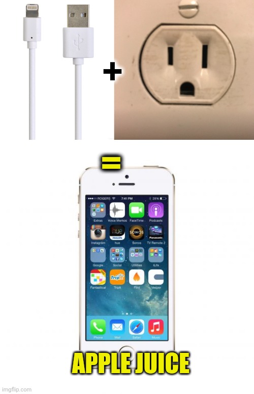 +; =; APPLE JUICE | image tagged in iphone power cord,outlet,iphone | made w/ Imgflip meme maker