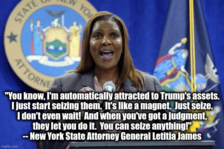 Letitia James | "You know, I'm automatically attracted to Trump's assets.
I just start seizing them.  It's like a magnet.  Just seize.
I don't even wait!  And when you've got a judgment,
they let you do it.  You can seize anything!"

-- New York State Attorney General Letitia James | image tagged in letitia james,donald trump,asset seizure,appeal bond | made w/ Imgflip meme maker