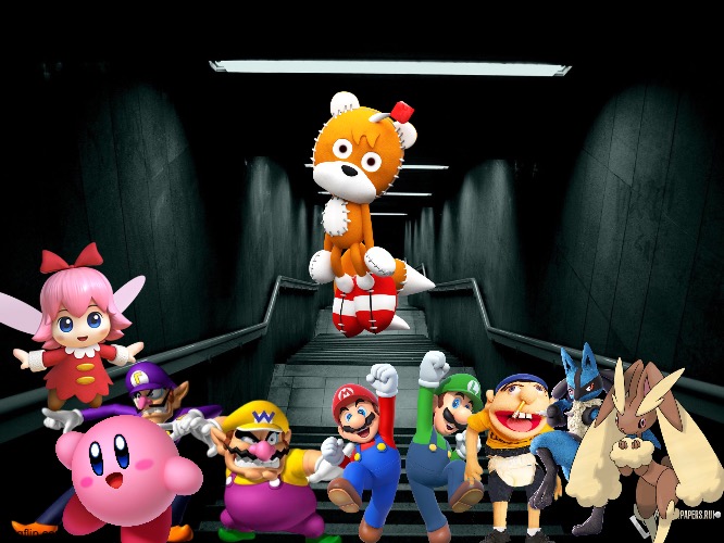Wario and Friends dies by Waluigi accidentally summoning the Tails doll while exploring in a dark room at 3AM | image tagged in dark room,wario dies,crossover | made w/ Imgflip meme maker