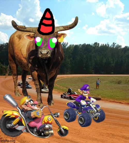 Wario and Waluigi dies by getting attacked by a Giant demon bull while racing each other on a race track | image tagged in race track,wario,wario dies,waluigi | made w/ Imgflip meme maker