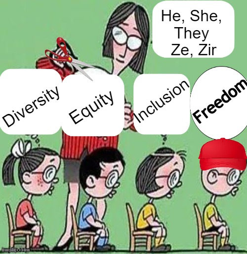 Is It Education or Indoctrination? | He, She, 
They 
Ze, Zir; Freedom; Diversity; Inclusion; Equity | image tagged in political humor,liberals vs conservatives,education,indoctrination,agenda,round peg square hole | made w/ Imgflip meme maker