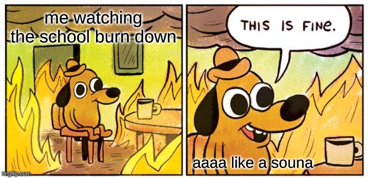 This Is Fine Meme | me watching the school burn down; aaaa like a souna | image tagged in memes,this is fine | made w/ Imgflip meme maker